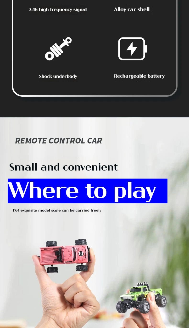 1:64 Mini Off - Road RC Car – Alloy, Shock Absorption, LED Lights Toy for Kids - trendbuzzer